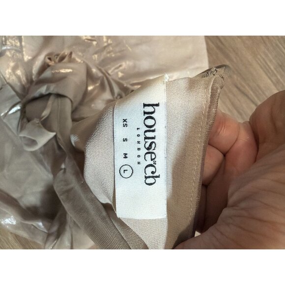 HOUSE OF CB Lucilla Beige Shimmer Mini Dress Mini Dress Large Metallic Shine - Picture 6 of 10